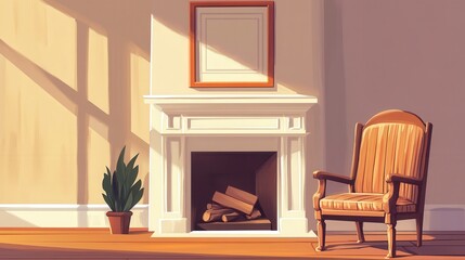 White fireplace with wooden armchair illustration