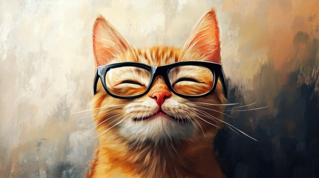 Art painting oil color. funny. Smiling cute cat , cat. wearing glasses , meaow illustration