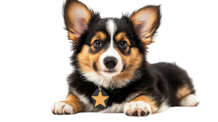 Adorable corgi puppy with star tag looking forward isolated on transparent  background png