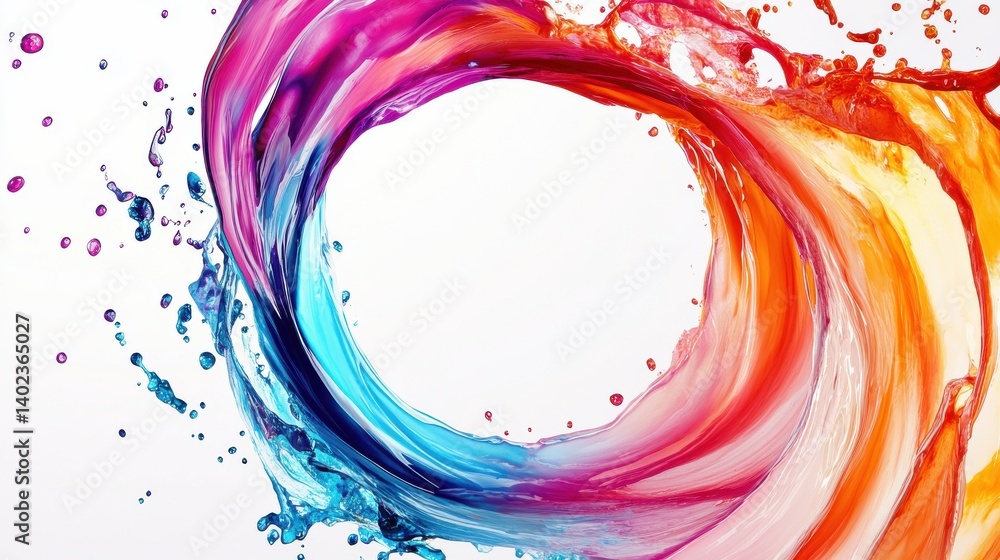Poster abstract circle liquid motion flow explosion. curved wave colorful pattern with paint drops on white