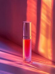 A glossy lip product stands tall against a colorful background created by warm sunset lighting and soft shadows