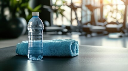 A water bottle and a blue towel are placed on a gym mat, ready for an intense workout session in a well-lit fitness center atmosphere