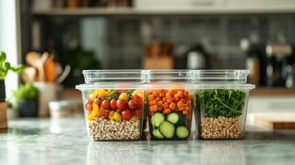 Colorful containers filled with grains and fresh vegetables are neatly arranged on a kitchen countertop ready for meal preparation
