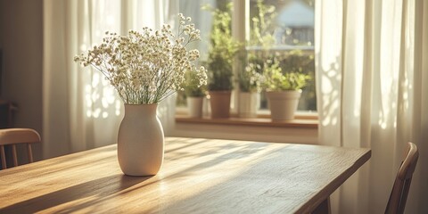 Scandinavian decor featuring wooden table, slim vase, table mirror, white curtains, and sunlight from large window, Generative AI