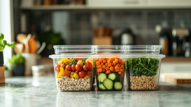 Colorful containers filled with grains and fresh vegetables are neatly arranged on a kitchen countertop ready for meal preparation