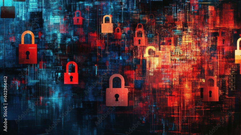 Poster digital cloud technology with locks and data streams on a dark background illustration