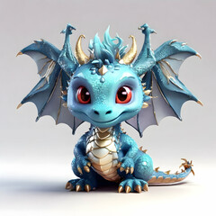 Fototapeta premium Blue cute baby dragon with glitter and sparkle on the scales, with big eyes and horns, wings spreading delicately, revealing shimmering scales against soft gray backdrop