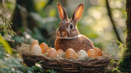 A brown rabbit sits amidst a nest full of speckled eggs in a natural setting.