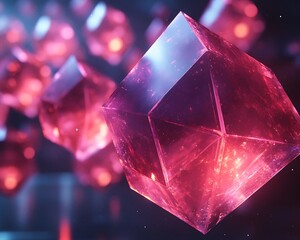 Floating tech interface icons made of translucent polygons, suspended in a dark space environment with ambient glows and rim lighting, elegant symmetry and visual depth