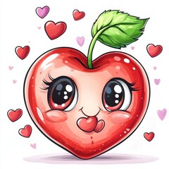 <Playful Hearts and Cherry Characters: Cute Kawaii Vector Illustration of Love and Happiness>