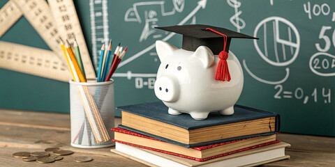 Concept image of education savings and financial planning. A white piggy bank wearing a graduation cap sits on top of a stack of books,