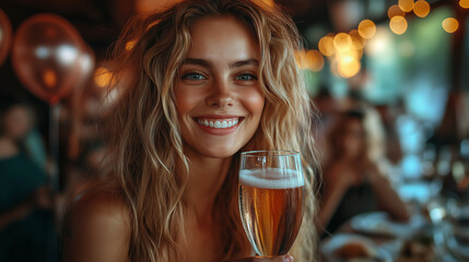 Sparkling Celebration: A woman with a radiant smile and long blonde hair holds a glass of sparkling champagne, her eyes sparkling with joy.