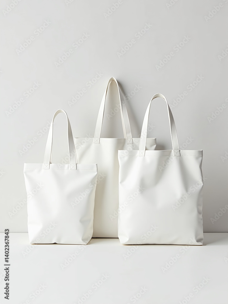 Aufkleber Simple Minimalist Design Features Three White Tote Bags On A Light Background With Clean Lines And Subtle Branding Elements.