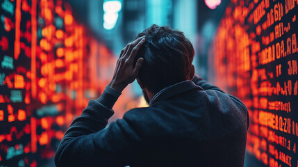 Stress in the City: A businessman stands amidst a glowing cityscape of digital numbers, hands on his head, overwhelmed by the pressure and uncertainty of the financial world.