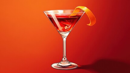 A Negroni cocktail in a martini glass with an orange peel illustration