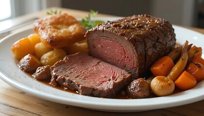 Delicious Roast Beef Dinner with Vegetables on a White Plate