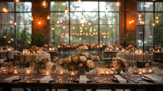 Elegant wedding reception in industrial loft, decorated with flowers and candles, long table centerpiece.