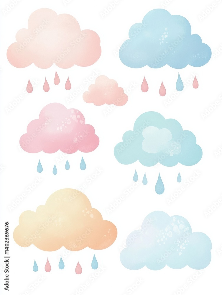 Poster soft pastel clouds with gentle raindrops set against a neutral background evoke a calm and dreamy at