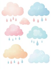 Soft pastel clouds with gentle raindrops set against a neutral background evoke a calm and dreamy atmosphere for any creative project or design