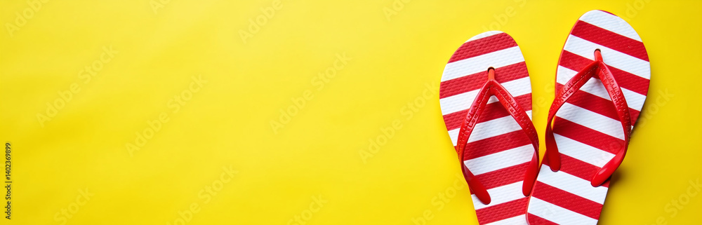 Poster Striped Red And White Flip Flops Are Prominently Displayed Against A Clean Isolated Yellow Background With Generous Copyspace Available.