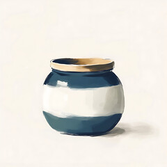 Illustration of a hand painted ceramic jar with blue stripes and a gold rim for storing things on a light background providing a minimalist aesthetic art piece