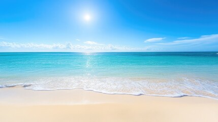 Fototapeta premium Stunning Tropical Beach Scene with Clear Blue Water and Bright Sunlight Overhead