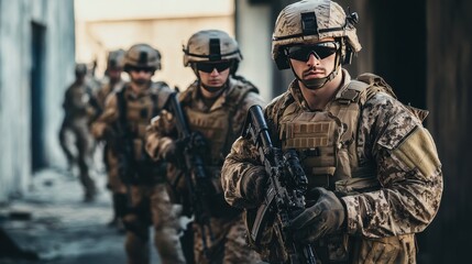 Fototapeta premium Elite military unit stands ready for action in tactical gear during a training exercise
