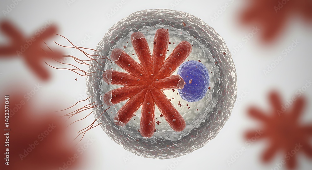 Poster visualizing cell structure with red centrioles and blue nucleus for science