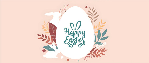Happy Easter banner. Trendy Easter design with typography, hand painted strokes and dots, eggs, bunny ears, in pastel colors. Modern minimal Easter design with playful dots and egg shapes