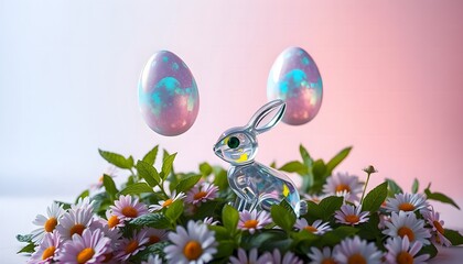 Ethereal Easter Scene with Floating Iridescent Eggs, Crystal Bunny, and Daisy Flowers on a Gradient Background