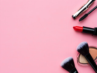Various makeup items such as brushes, eyeshadow, lipstick, and mascara arranged on a pink background