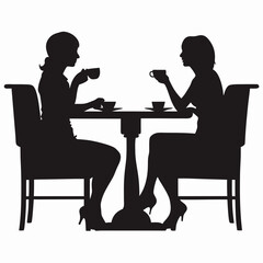 Vector illustration of two girls enjoying a coffee and chatting at a small caf&eacute; table &ndash; ideal for branding materials, blog headers, feminine clipart packs, or invitation card designs

