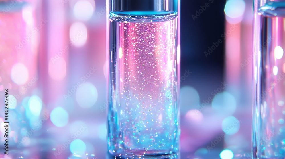 Poster colorful sparkling liquid in glass containers displayed on a reflective surface with blurred lights 