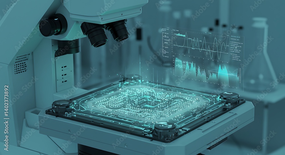 Poster analyzing microchip under microscope with advanced technology interface for scientific research