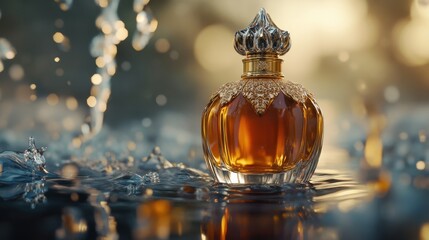 A beautifully crafted perfume bottle sits on a rustic wooden surface, surrounded by delicate white flowers. The warm sunlight creates a soft glow, enhancing the luxurious feel of the scene.