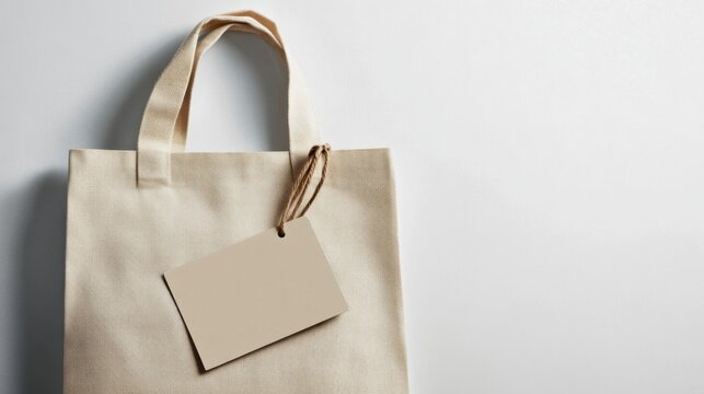 Blank beige tote bag with tag for branding and eco friendly product display