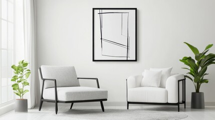 A minimalist wall art mockup featuring a sleek black frame hanging in a modern, clean living room setting, minimalistic, home decor, clean illustration