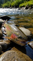 Close up of colorful trout resting on river rocks by flowing water. Fishing sport recreation, aquamarine trout lying on rocks for outdoor fishing guide