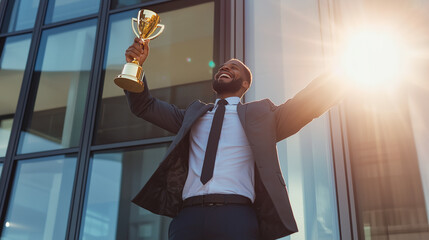 A triumphant businessman in a suit holds a golden trophy aloft, symbolizing his success and recognition as a top-performing employee or entrepreneur in a corporate setting