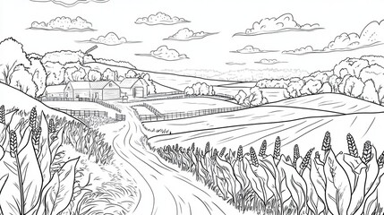 Fototapeta premium A black and white vector line drawing for coloring, of an American farm with corn fields in the background illustration