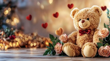 Teddy Bear Surrounded by Roses and Heart Decorations on a Wooden Table with Blurred Bokeh Background