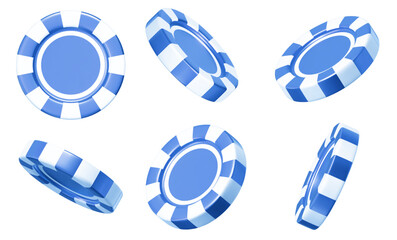 3d blue casino poker chips. Blue and white chips for betting and gambling games. Stock vector illustration on isolated background. 