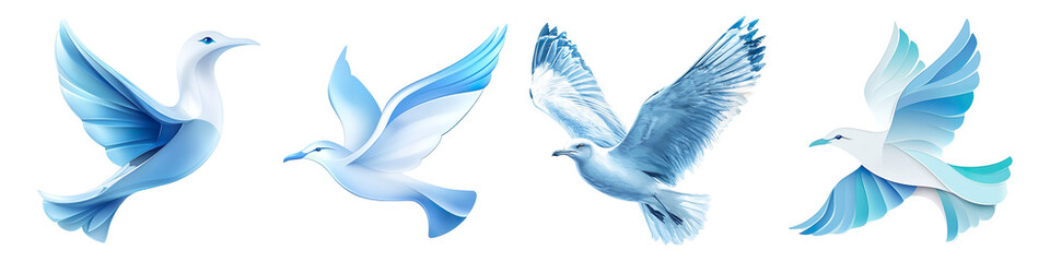 Obraz premium Set of 2d illustration of a seagull logo type in serene shades of sky blue and white isolated on transparent background