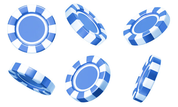 3d blue casino poker chips. Blue and white chips for betting and gambling games. Stock vector illustration on isolated background.	
