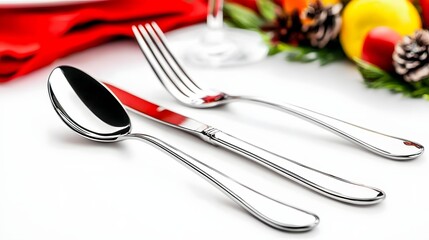 Elegant Silver Fork And Spoon Arranged On A Table Setting With Holiday Decor Elements