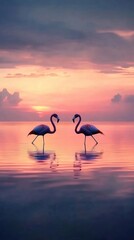 Fototapeta premium Two pink flamingos reflect in a serene sunset.