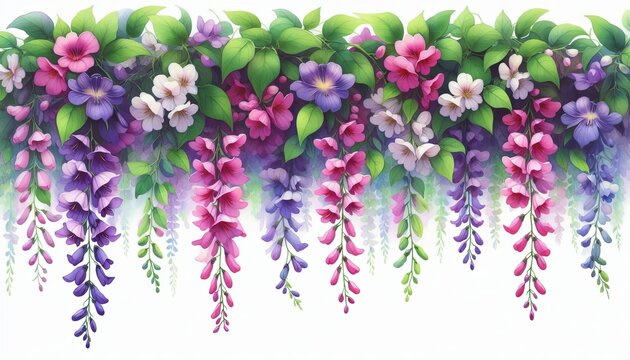 Ilustraci&oacute;n de flores colgantes en colore purpura sobre fondo blanco