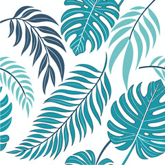 seamless pattern with leaves,Seamless tropical leaf pattern in turquoise, teal, and navy blue on white background