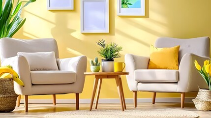 Cozy Living Room with Light Yellow Walls and Modern Furniture Featuring Two Armchairs and Plants