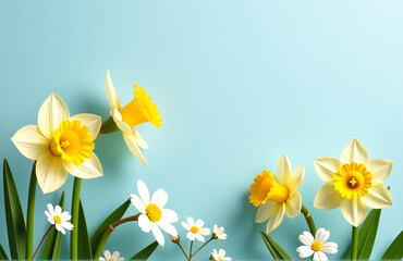 Vibrant Daffodils And Gypsophila Bloom Against A Soft Pastel Blue Sky, Ideal For Text Overlays Or Promotional Graphics In This Serene Spring Scene.